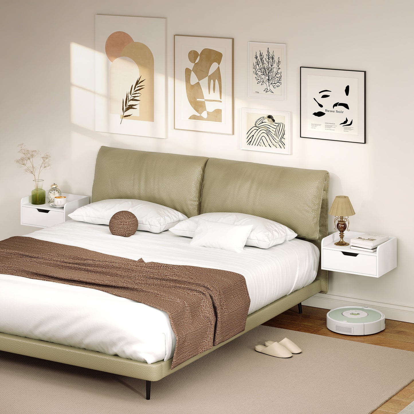 Set of 2 Floating Wall-Mounted Bedside Tables / Nightstands | Drawer & Top Shelf | 10kg | White