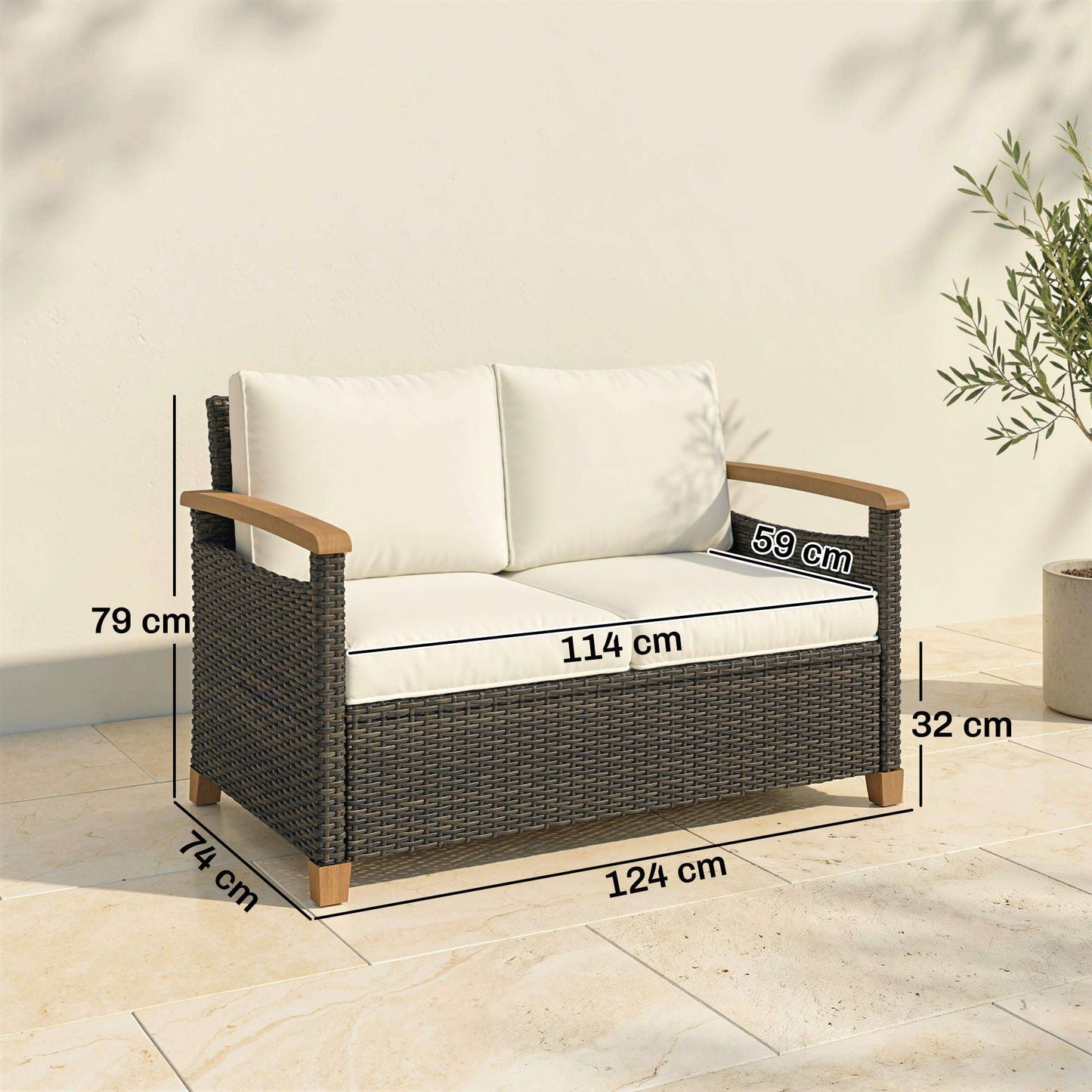 2 Seater Rattan Garden Sofa | Acacia Wood Armrests | Thick Cushions | Powder Coated Steel | Adjustable Feet | 124x74x79cm | 240kg | Brown