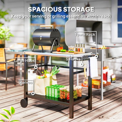 Outsunny Outdoor Grill Dining Cart 2-Shelf Movable Pizza Oven Table Stand with Stainless Steel Top, Portable BBQ Trolley Food Prep Outdoor Kitchen BBQ Station