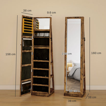 360° Swivel Jewellery Cabinet, Mirror Armoire, Full Length Mirror, Lockable Jewellery Organiser with Built-In Small Mirror, Rustic Brown