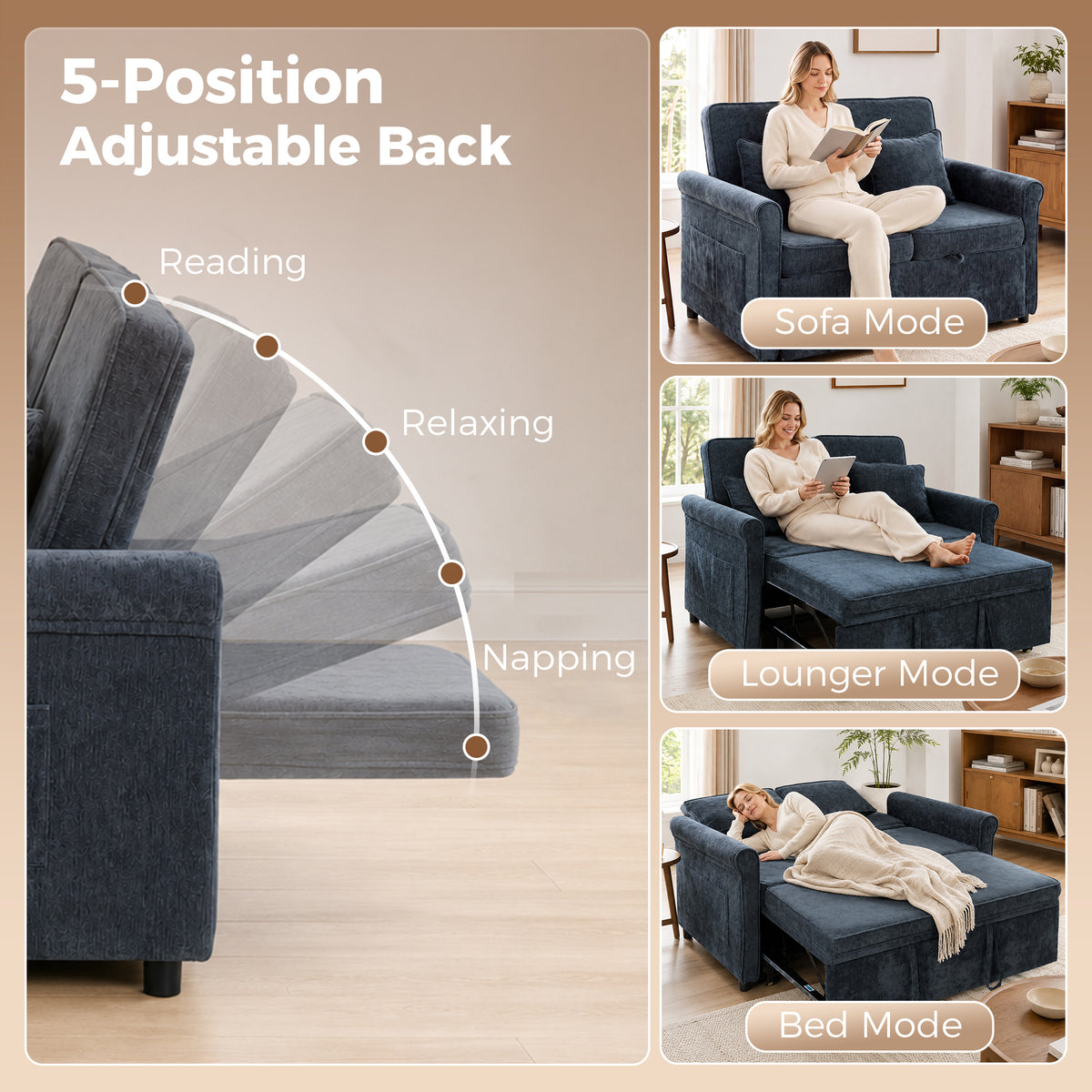 2 Seater Sofa Bed | Dark Blue Chenille Convertible Sleeper with 5-Position Backrest