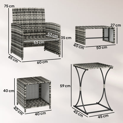 6-Piece Space-Saving PE Rattan Garden Furniture Set | 2 Armchairs | 2 Footstools | 2 Nesting Tables | UV-Resistant Rattan | Powder-Coated Steel | 5cm Zip Cushions | Fixing Straps | 120kg Capacity | Grey