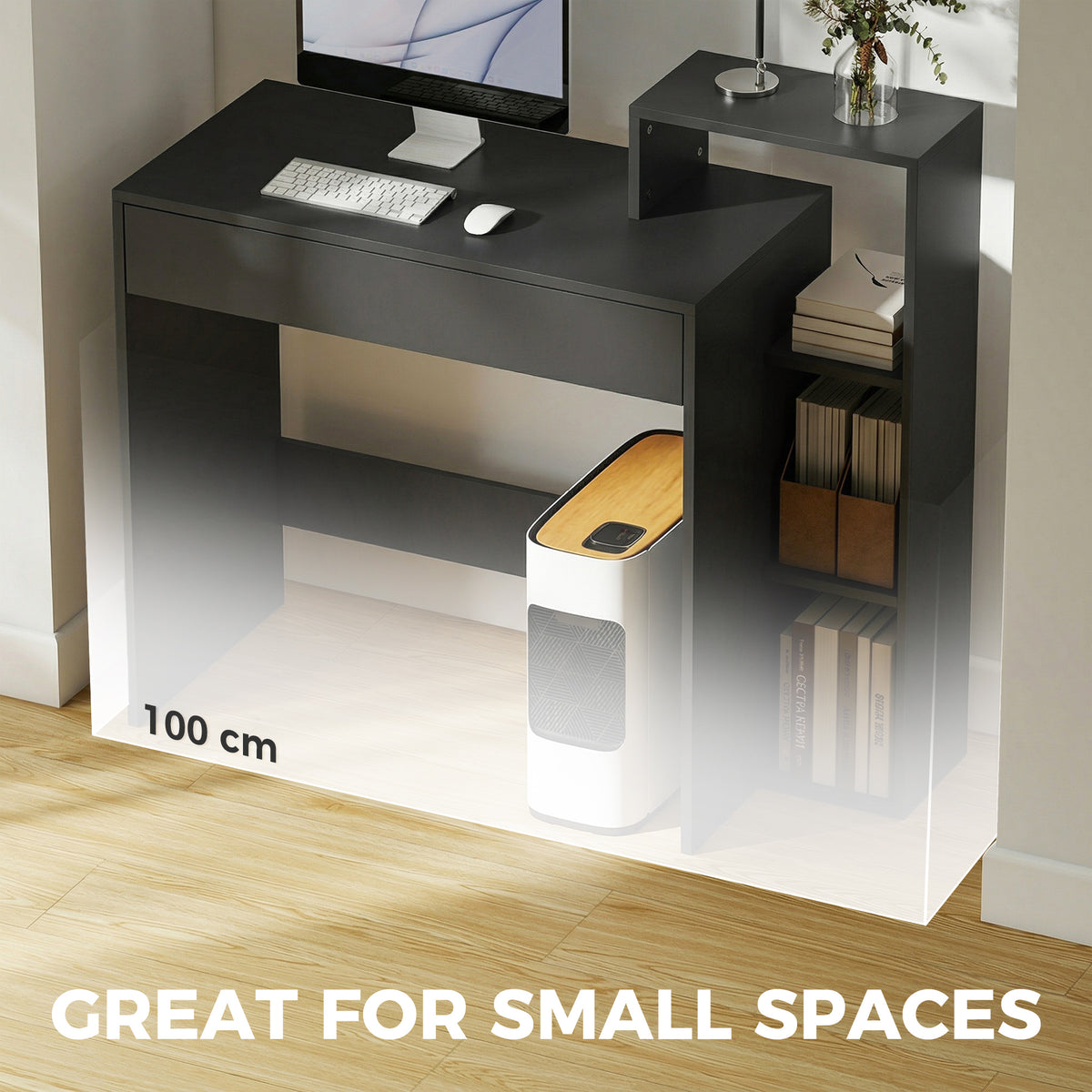 Compact Computer Desk with Storage | Wide Drawer & 3 Open Side Shelves | Black Study Workstation with Melamine Finish | 100W × 40D × 90Hcm