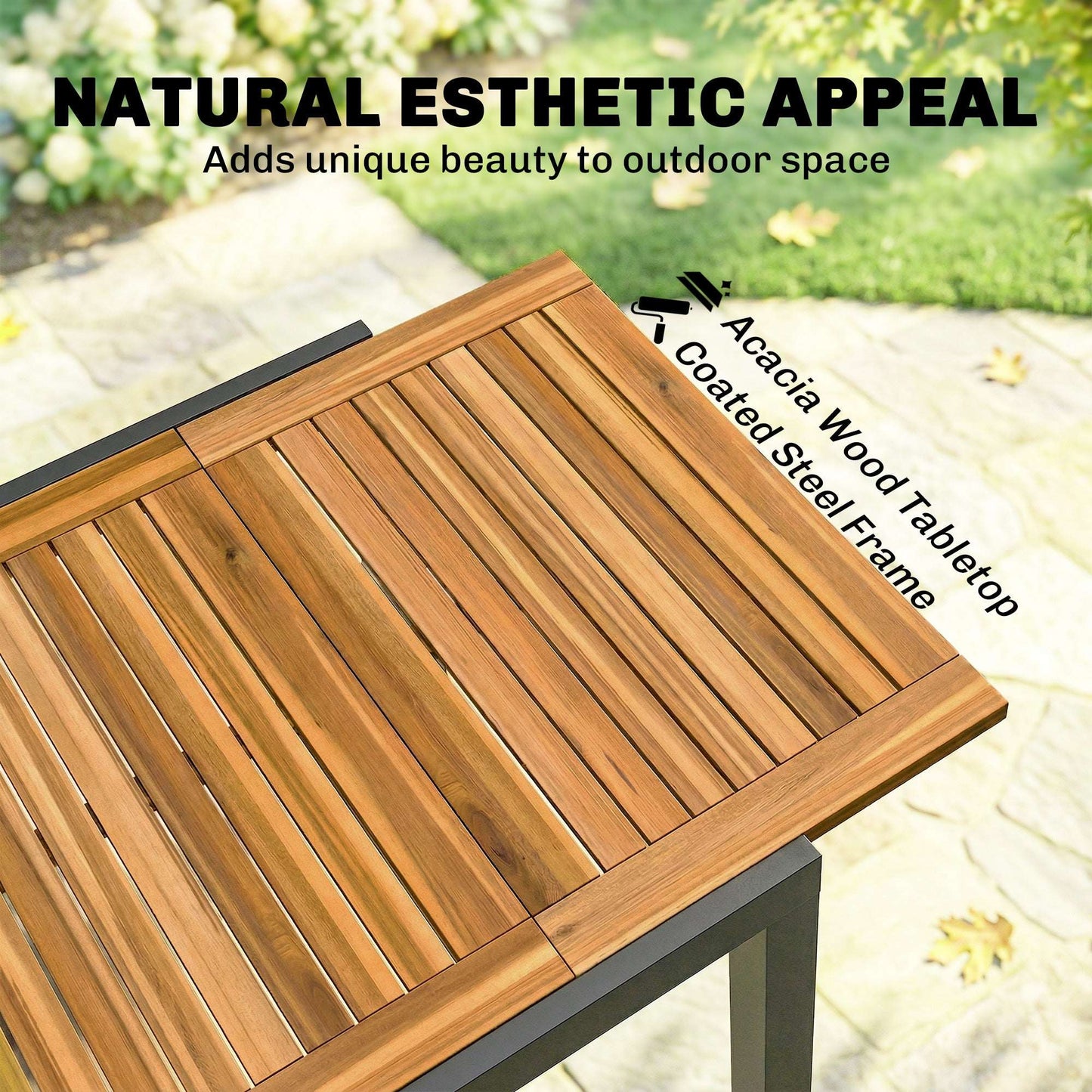 Expandable Acacia Wood Garden Dining Table | Black Powder-Coated Steel Frame | Extends 80-120cm | Adjustable Foot Pads | 50kg Capacity | No Assembly Required | 120x70x75cm | Natural & Black