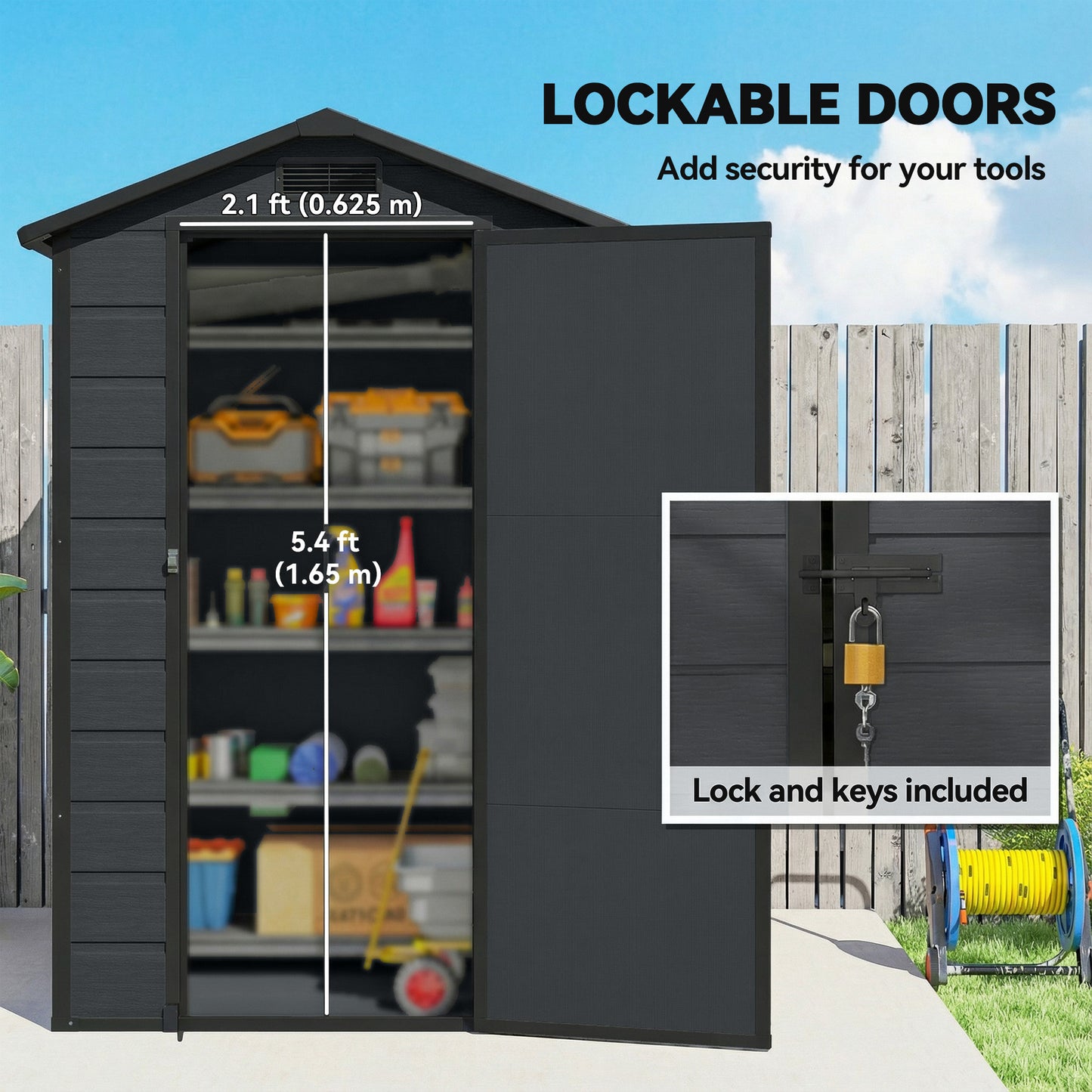 Compact PP & Aluminium Garden Storage Shed with Floor | Apex Roof | Latch Lock & Keys | Side Window | Vent | UV-Resistant | 40kg/m² Snow Rating | 128x104x196cm | Dark Grey & Black