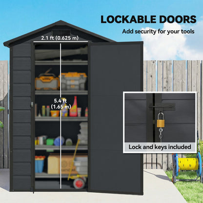 Compact PP & Aluminium Garden Storage Shed with Floor | Apex Roof | Latch Lock & Keys | Side Window | Vent | UV-Resistant | 40kg/m² Snow Rating | 128x104x196cm | Dark Grey & Black