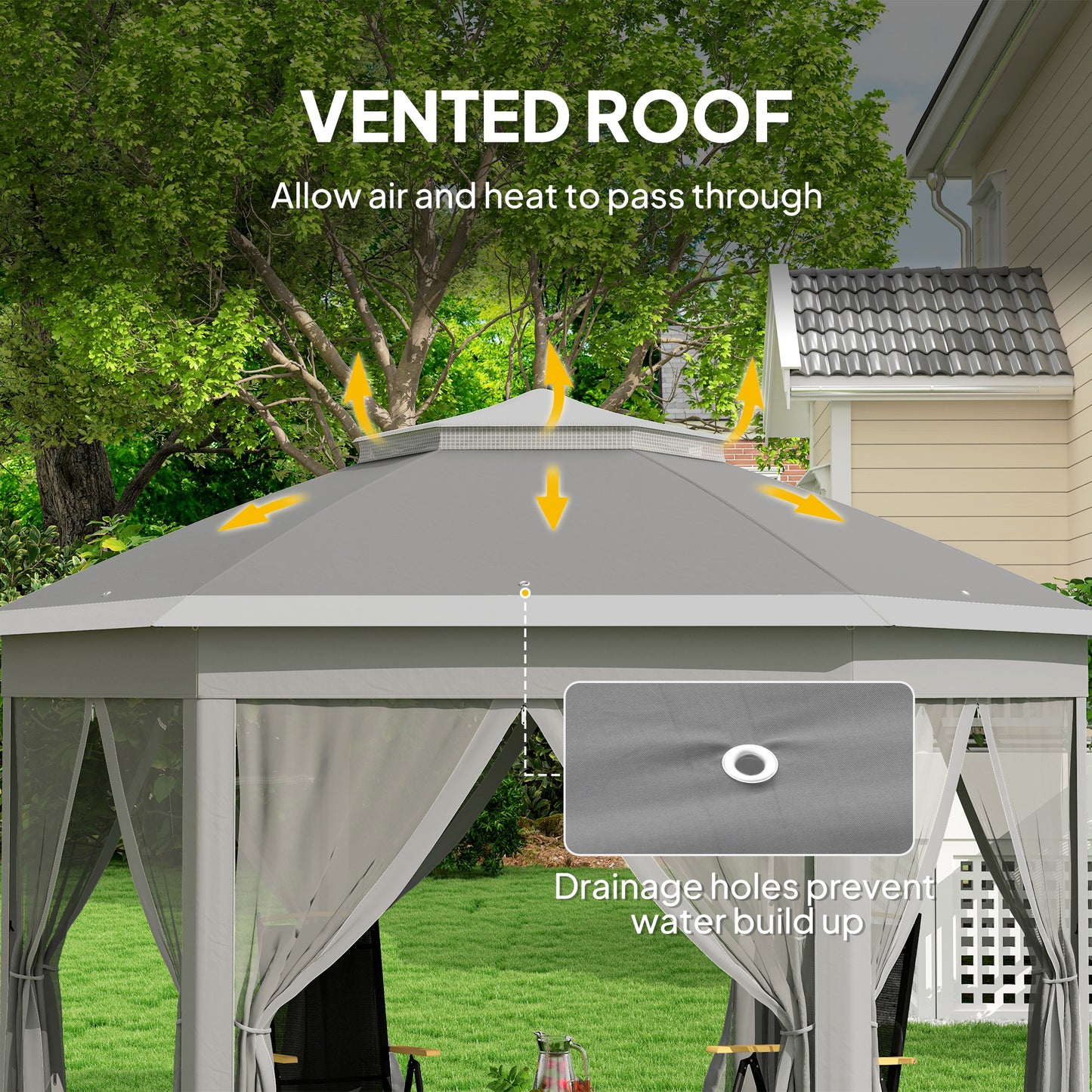 3 x 4m Garden Gazebo Hexagon Pop Up Party Tent Canopy Double Roof Instant Shelter with Netting and Carry Bag for Outdoor Patio, Dark Grey