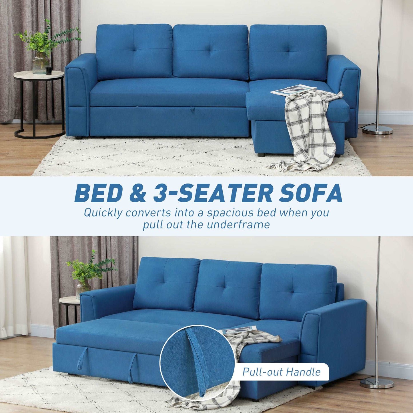 3 Seater Sofa Bed, L-Shaped Corner Pull Out Sofa with Storage, Convertible Click Clack Settee Sectional Sleeper Futon - Dark Blue