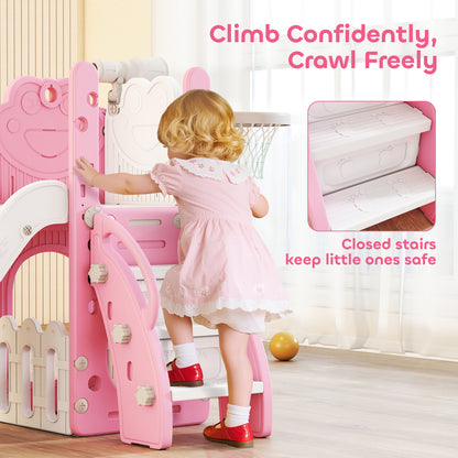5-in-1 Kids Slide Set with Basketball Hoop, Climbing Frame, Telescope & Storage Box – Anti-Slip Steps, HDPE, Ages 1–3 – Pink