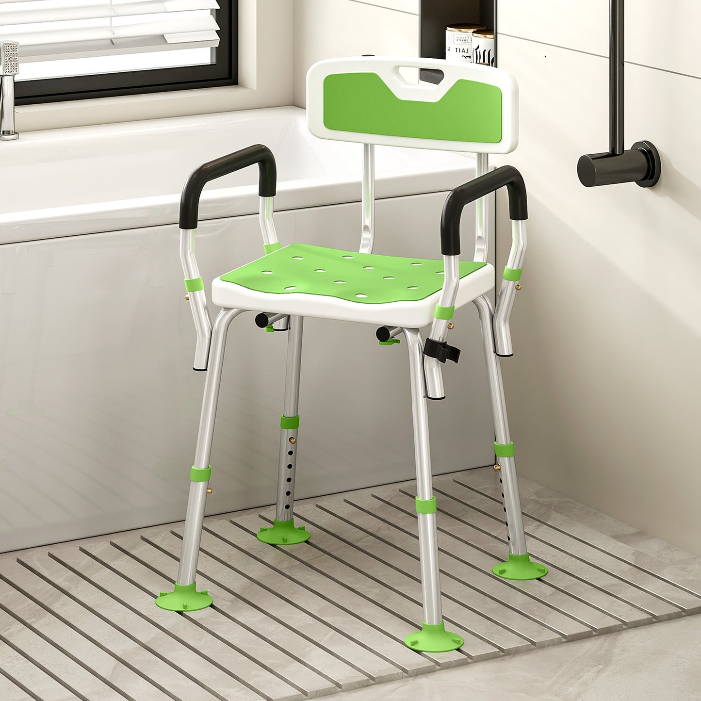 EVA Padded Shower Chair, Height Adjustable Shower Stool With Back and Arms, 4 Suction Foot Pads, Green