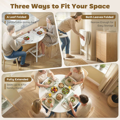 Drop Leaf Folding Dining Table | Round Top | 3 Modes | Folds to 11.5cm | Melamine Waterproof Top | Steel Frame | 30kg | White