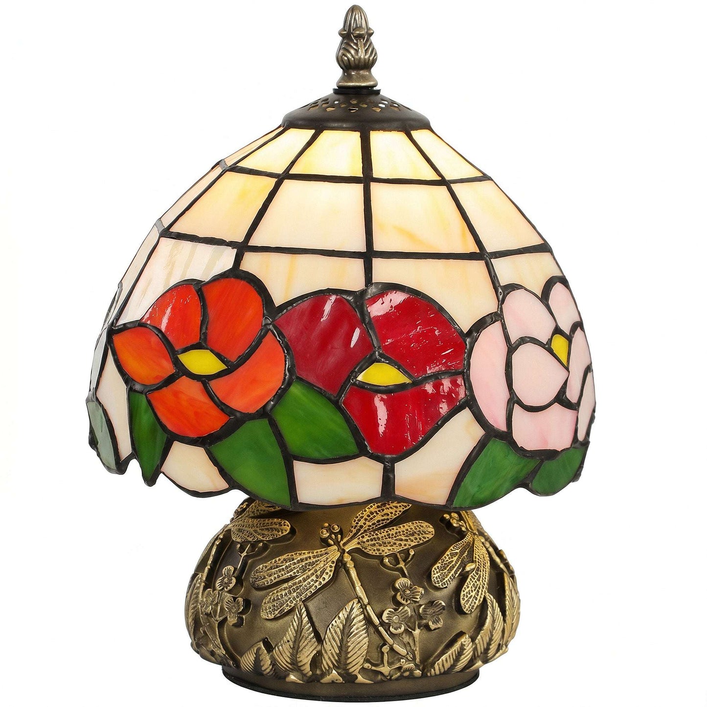 Tiffany-Style Handcrafted Stained Glass Table Lamp | Floral Motif | Sculpted Dragonfly Bronze Resin Base | Rocker Switch | E27 40W Max | 150cm Cable | Φ20x28cm | Multi-Coloured