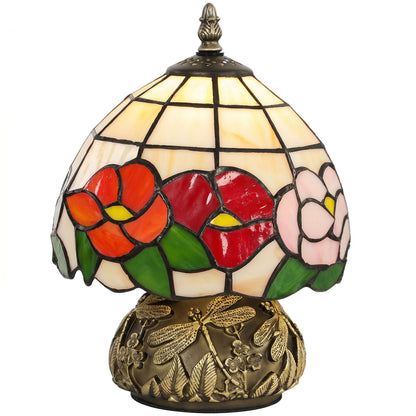 Tiffany-Style Handcrafted Stained Glass Table Lamp | Floral Motif | Sculpted Dragonfly Bronze Resin Base | Rocker Switch | E27 40W Max | 150cm Cable | Φ20x28cm | Multi-Coloured