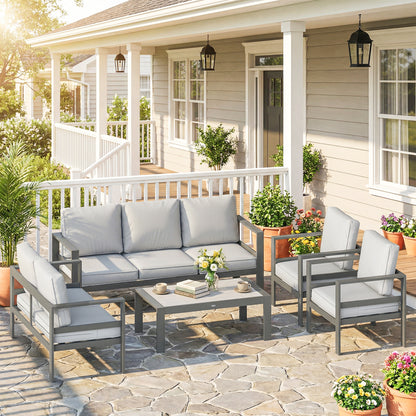 5-Piece Aluminium Garden Sofa Set | 64cm Deep Seats | 220GSM Olefin Cushions | Wood-Effect Table | 360kg | Dark Grey