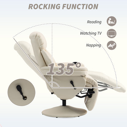 Manual Recliner Chair with Footrest, Upholstered Reclining Armchair with Adjustable Backrest and Cup Holder, PU Leather Swivel Chair, Cream White