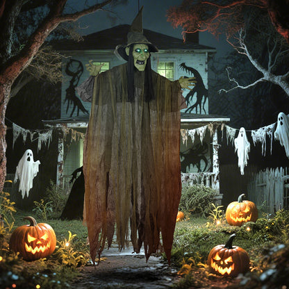 170 cm Life Size Hanging Halloween Animated Witch with Glowing LED Eyes, Spooky Witch Scary Halloween Decorations, Battery Operated, Indoor Party Props