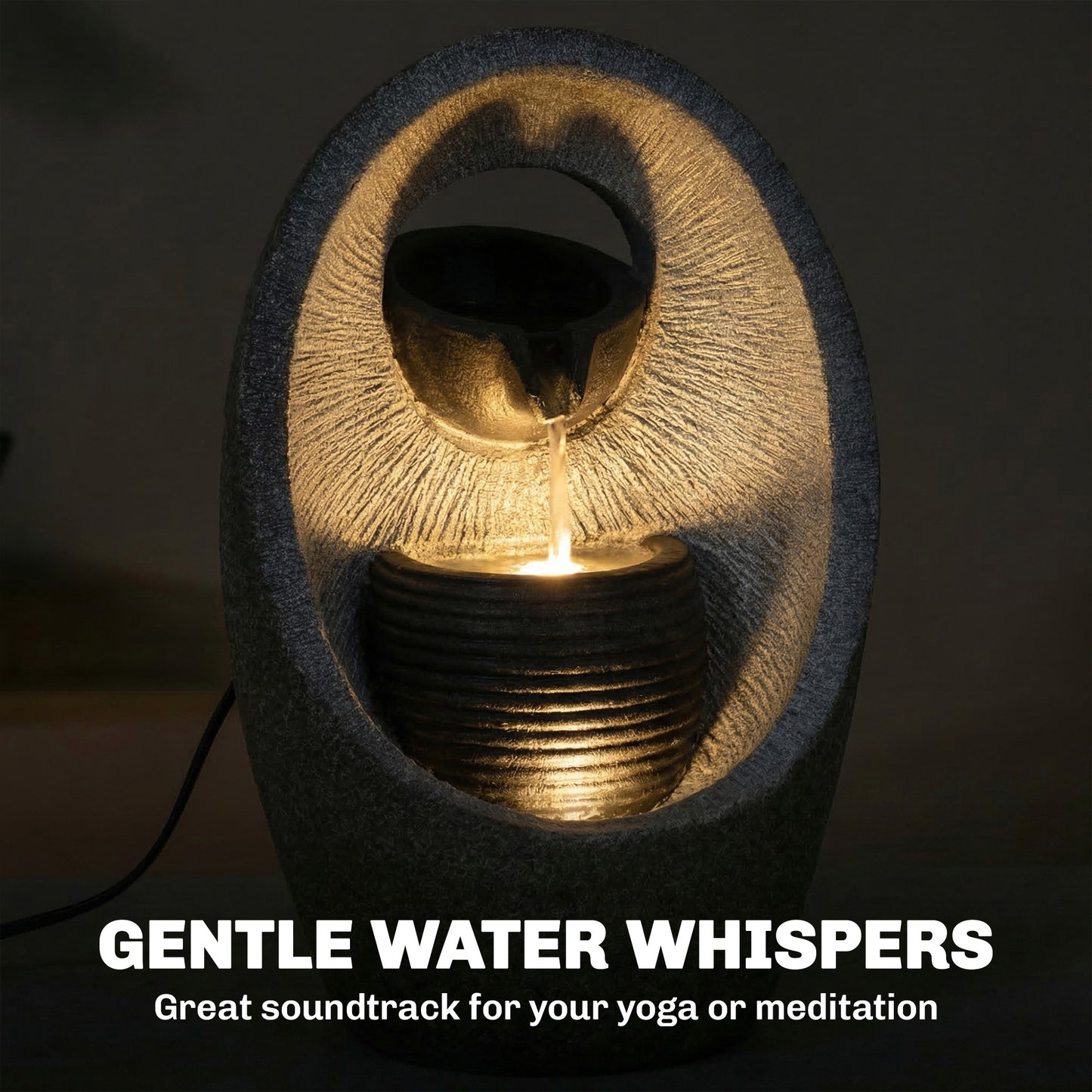 2-Tier Cascading Garden Water Fountain | LED Light | 3W Pump | 3m Cable | Resin | Grey