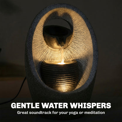 2-Tier Cascading Garden Water Fountain | LED Light | 3W Pump | 3m Cable | Resin | Grey