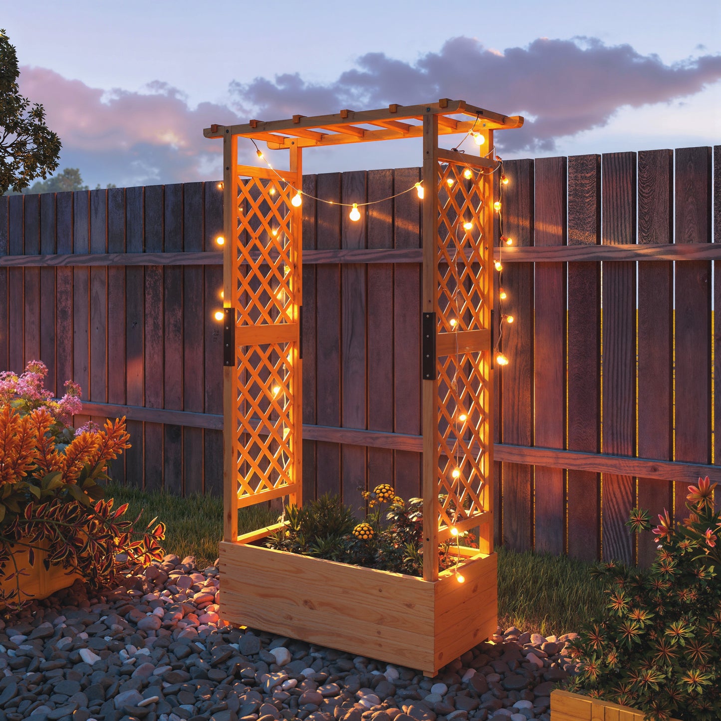 Fir Wood Garden Raised Bed with Double Trellis & Hanging Rails | 85x39cm Planting Bed | 2 Drainage Holes | 10kg Trellis Capacity | 110x44x181cm | Natural Wood Finish