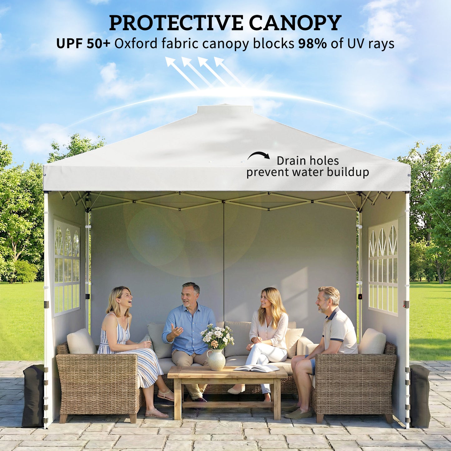 3x3m Pop-Up Canopy Gazebo | UPF50+ Waterproof 210D Oxford Fabric | 3 Detachable Sidewalls | 2 Church Windows | 2 Top Vents & 8 Drainage Holes | 3-Height Steel Frame to 285cm | 4 Guy Ropes & 12 Stakes | Wheeled Carry Bag | White