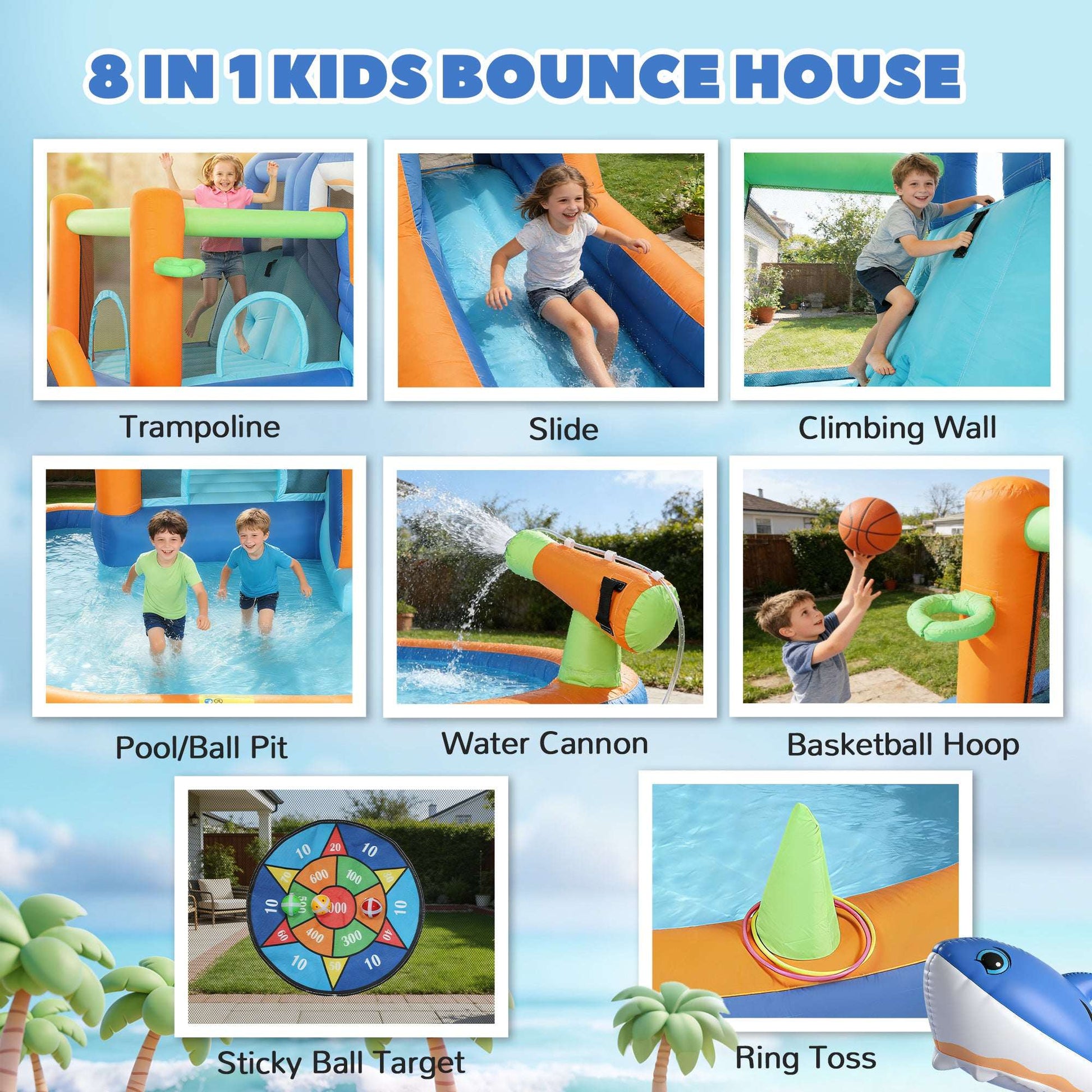 AIYAPLAY Inflatable Bouncy Castle for Kids, Sharks Theme Jumping Bounce House with Slide, Climbing Wall for Indoor Outdoor