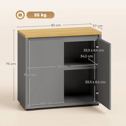 Grey Sideboard Storage Cabinet | 80 cm Wood-Effect Top with Double Doors & Adjustable Shelf | Kitchen, Living Room & Entryway Furniture