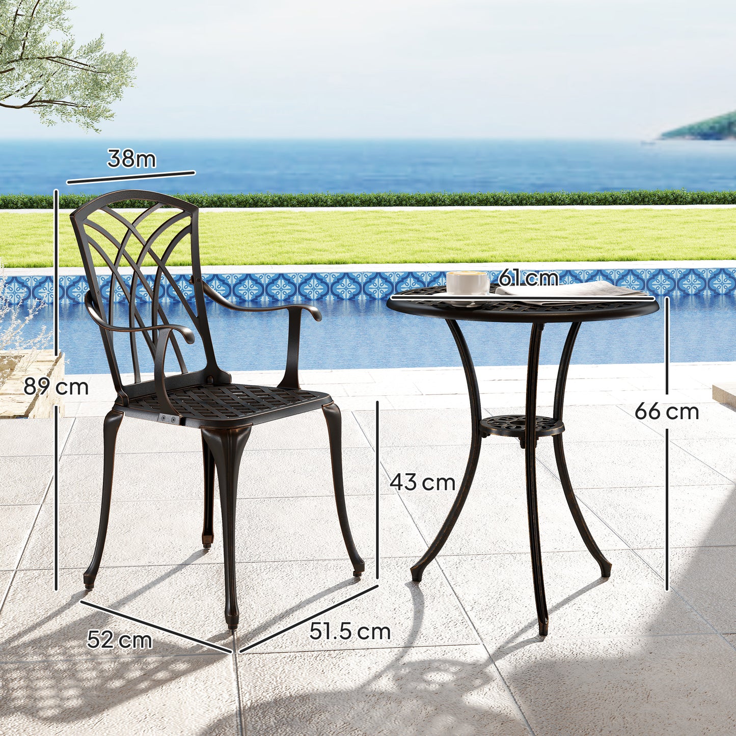 Outsunny 3 Pieces Garden Dining Set for 2, Cast Aluminium Outdoor Garden Furniture Dining Set with 2 Armchairs and Round Table