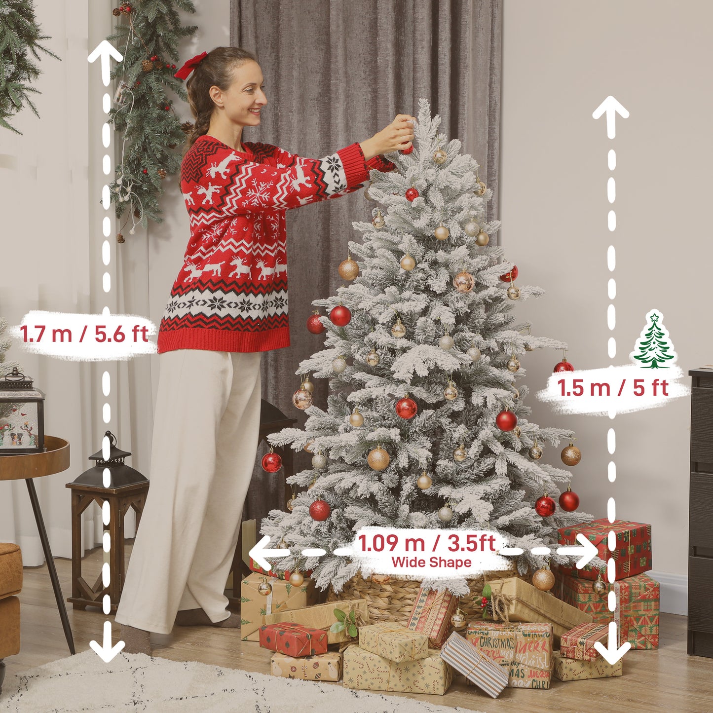 5ft Flocked Christmas Tree with Hinged Realistic Tips, Wide Shape