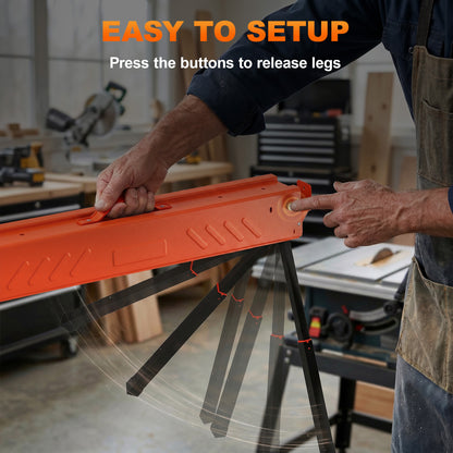 Folding Sawhorses Twin Pack | Height Adjustable 71–85.5cm | 500kg Capacity | 2x4 Bracket | Orange