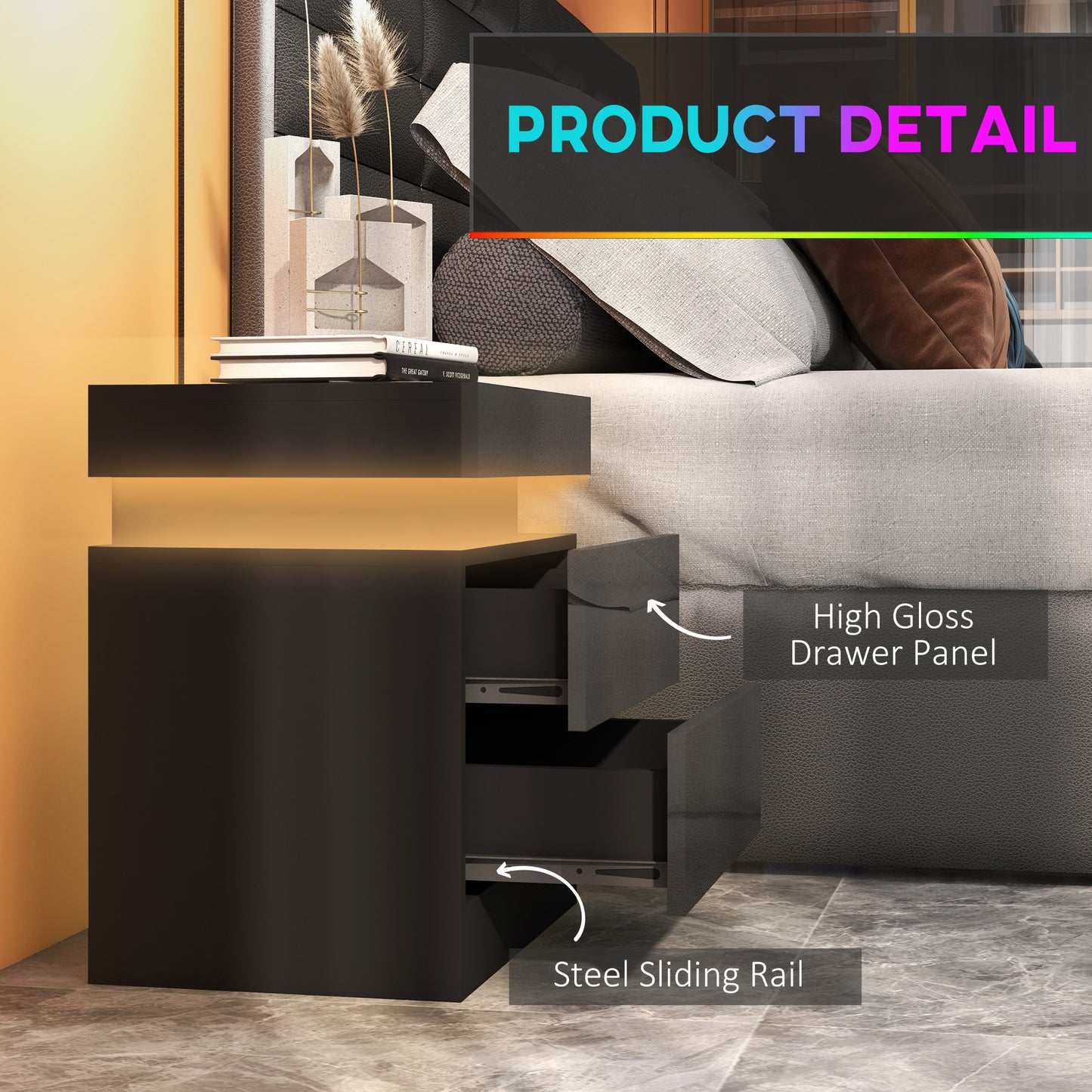 Black Bedside Table with LED Light, High Gloss Front Nightstand with 2 Drawers, for Living Room, Bedroom