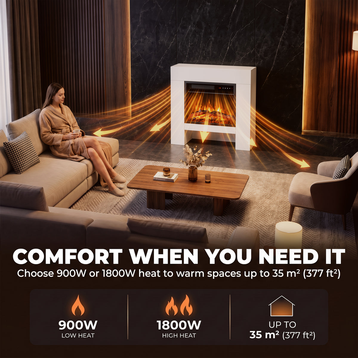 White Electric Fireplace Suite | 75cm Freestanding Mantel & Lower Storage | 900/1800W, Adjustable Log Flame Effect, 8-Hour Timer & Remote