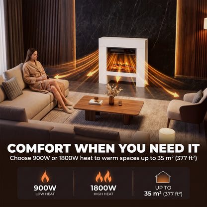 White Electric Fireplace Suite | 75cm Freestanding Mantel & Lower Storage | 900/1800W, Adjustable Log Flame Effect, 8-Hour Timer & Remote