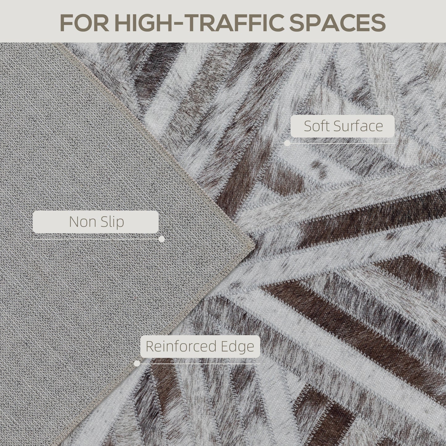 Modern Chenille Area Rug | Faux Leather Patchwork Print | Machine Washable | Non-Slip | Foldable | 230x160cm | Brown | Living Room Bedroom Dining Room Home Office