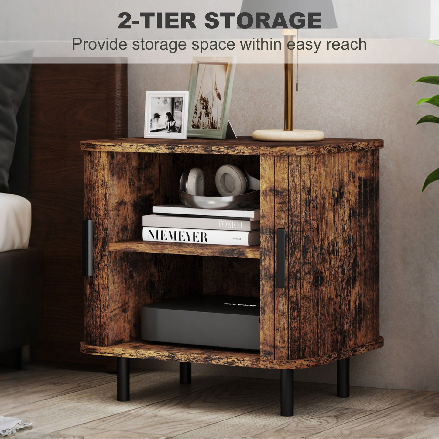Nordic Bedside Table | Roller Shutter Sliding Doors | 2-Tier Storage | Melamine Surface | Steel Legs | 90kg | 48x40x48cm | Rustic Brown
