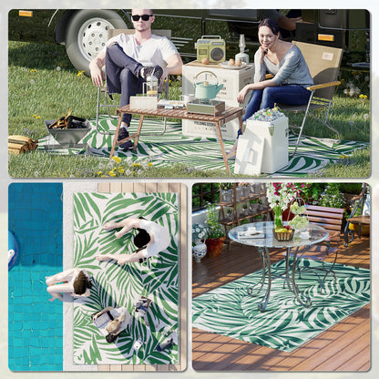 Reversible Outdoor Rug | Waterproof | UV-Resistant Polypropylene 310g | Green Leaves Design | Foldable | 152x243cm | Green & White | Patio Garden Camping Beach RV Campervan