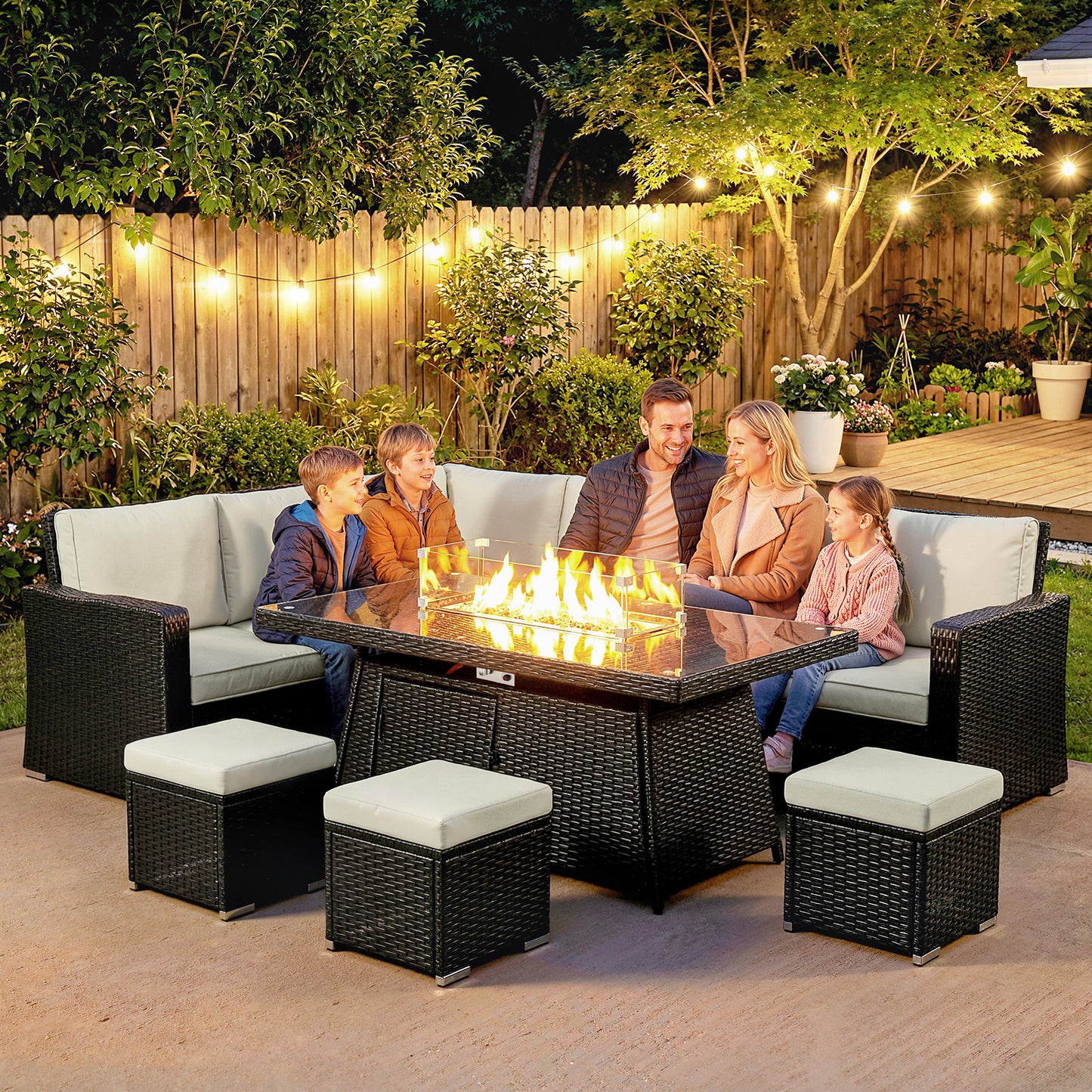 7 Piece Rattan Garden Sofa Set with 50,000 BTU Gas Fire Pit Table | 2 Corner Loveseats | Loveseat | 3 Footstools | Glass Wind Guard | Padded Cushions | Washable Covers | Cream