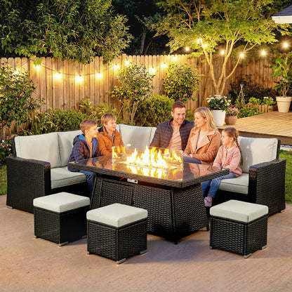 7 Piece Rattan Garden Sofa Set with 50,000 BTU Gas Fire Pit Table | 2 Corner Loveseats | Loveseat | 3 Footstools | Glass Wind Guard | Padded Cushions | Washable Covers | Cream