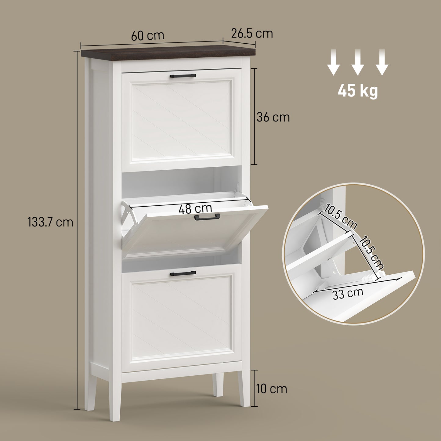 Farmhouse Narrow Shoe Cabinet | 3 Flip Drawers | Adjustable Shelves | 12-18 Pairs | Slim 26.5cm Depth | Max UK 9.5 | Anti-Tipping | MDF | 60x26.5x133.7cm | White