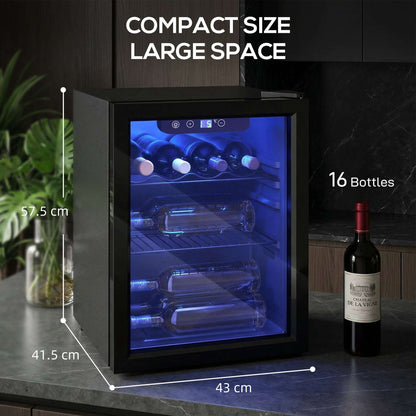 16 Bottle Wine Cooler, 48 Litre Capacity, 4-16°C Under Counter Drinks Beer Wine Fridge with Glass Door, LED Light, Black