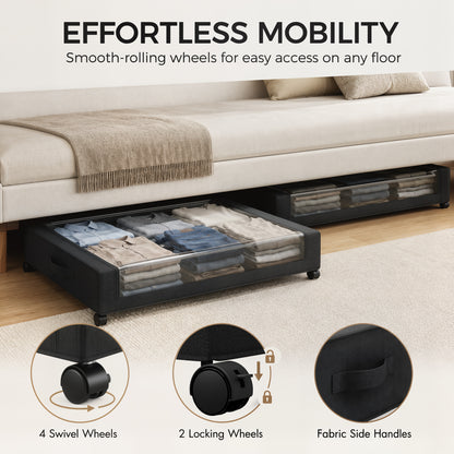 2-Pack Under-Bed Storage Boxes | 40 L Each Fabric Rolling Drawers with Clear PVC Lids & Wheels | 10 kg Load | Black