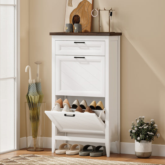 Farmhouse Narrow Shoe Cabinet | 2 Flip Drawers & Top Drawer | Adjustable Shelves | 8-12 Pairs | Slim 26.5cm Depth | Max UK 9.5 | Anti-Tipping | MDF | 60x26.5x108.5cm | White