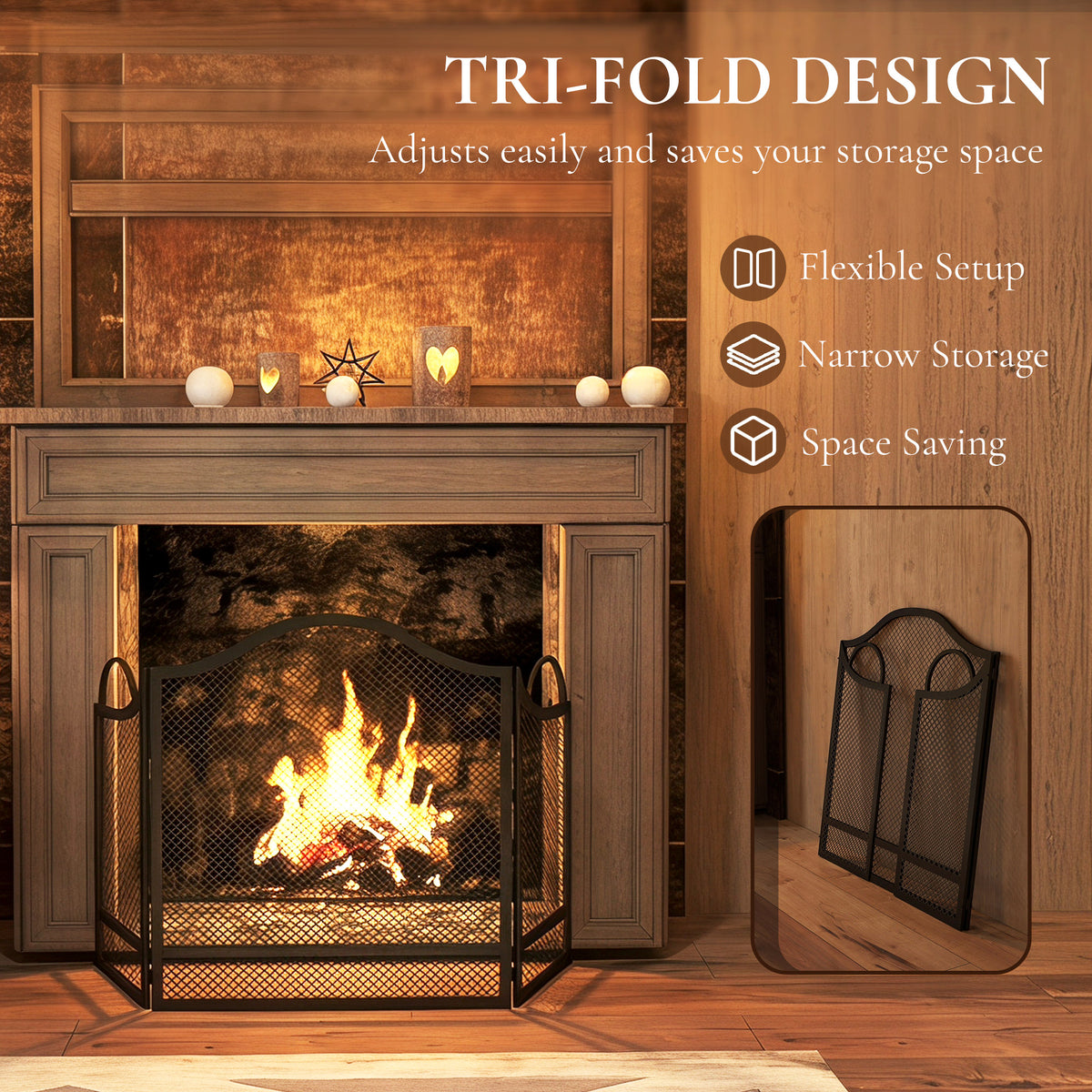 3-Panel Folding Fireplace Screen | Floral Design | Powder-Coated Metal | Spark Guard | Hearth Protection | Adjustable | Folds to 67x2x74cm | Open 122x1x74cm | Side Panels 27x64cm | Black