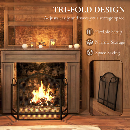 3-Panel Folding Fireplace Screen | Floral Design | Powder-Coated Metal | Spark Guard | Hearth Protection | Adjustable | Folds to 67x2x74cm | Open 122x1x74cm | Side Panels 27x64cm | Black