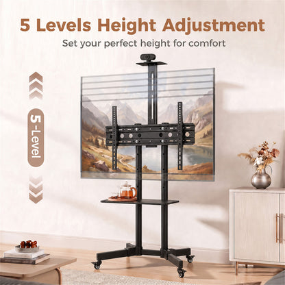 Mobile TV Stand on Wheels for 32-75 Inch TVs | 5-Level Height 120-187.5cm | ±15° Tilt | VESA up to 400x600mm | 50kg Load | 360° Locking Casters | Dual Shelves | Black