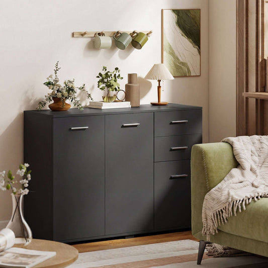 Sideboard, Modern Storage Cabinet with 2 Drawers, 3 Doors and Adjustable Shelves, Black / White