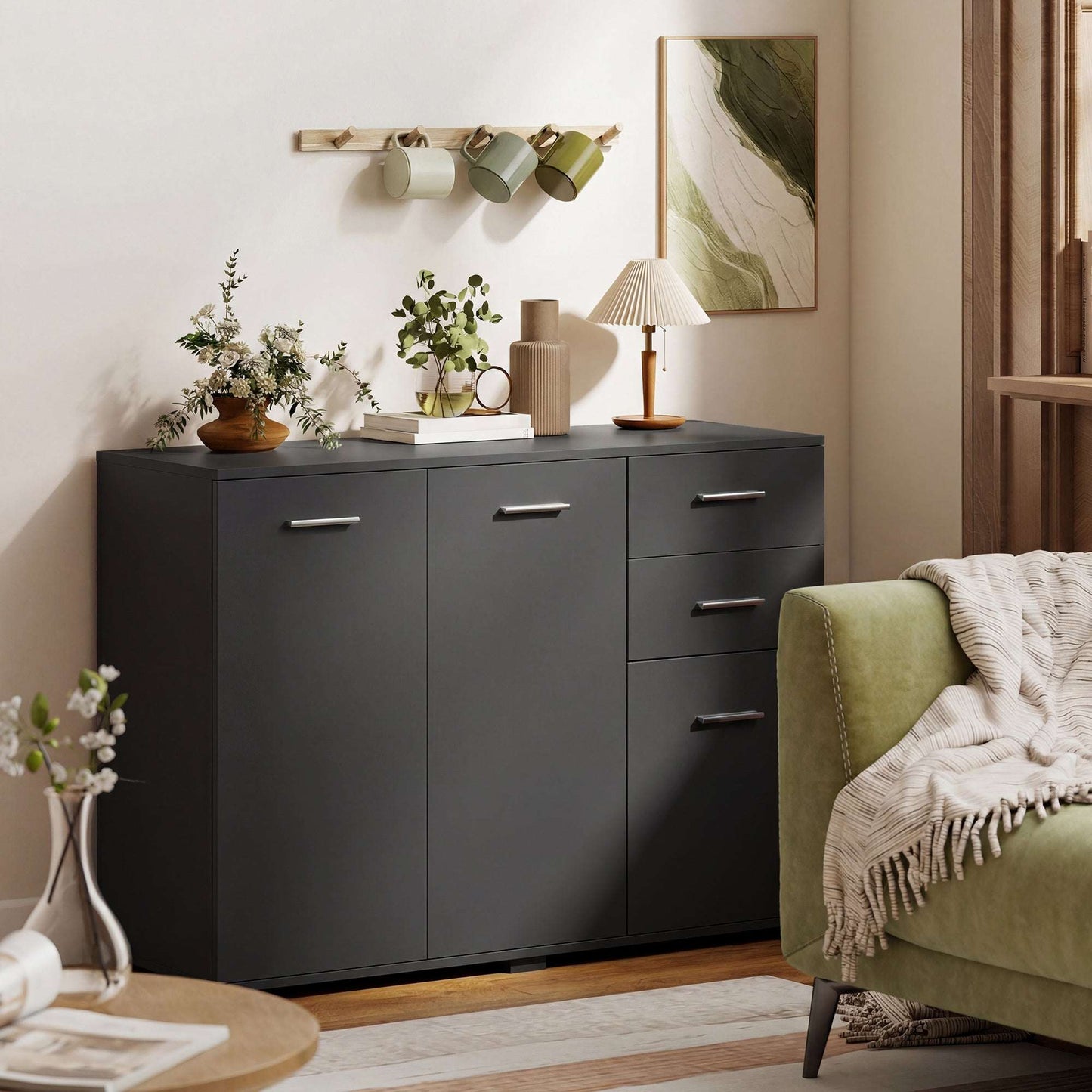 Sideboard, Modern Storage Cabinet with 2 Drawers, 3 Doors and Adjustable Shelves, Black / White
