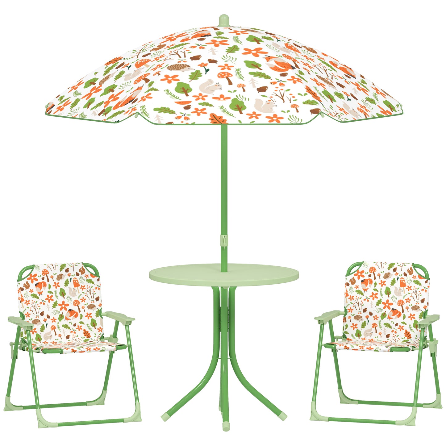 AIYAPLAY 4 Pieces Kids Garden Table and Chair Set with Adjustable Parasol, Folding Chairs, Table, Fox Pattern, Green / Pink