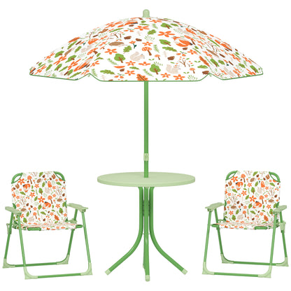 AIYAPLAY 4 Pieces Kids Garden Table and Chair Set with Adjustable Parasol, Folding Chairs, Table, Fox Pattern, Green / Pink