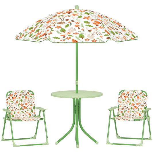 AIYAPLAY 4 Pieces Kids Garden Table and Chair Set with Adjustable Parasol, Folding Chairs, Table, Fox Pattern, Green / Pink