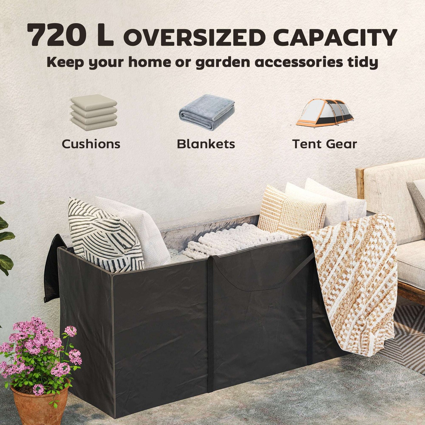 720L Garden Cushion Storage Bag | 600D Oxford PU Coated | 2000mm Waterproof & UPF30+ | Two-Way Zip with Flaps | 2 Handles | Folds Flat | 100kg Max Load | 175x55x75cm | Black